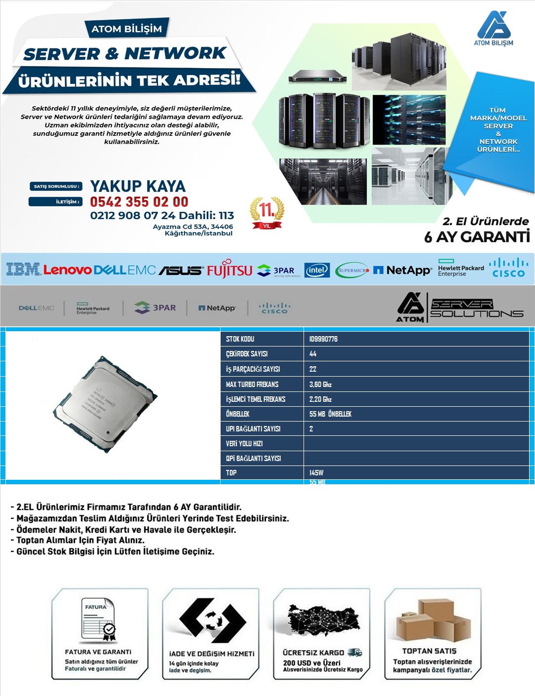 2.EL Intel E5-2699 V4 SERVER CPU 2,20 Ghz 22CORE 44THREAD 55MB